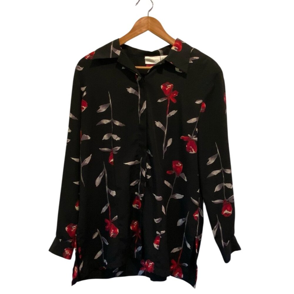 Vtg Christie & Jill Women's Top Black Sz L Button Up Tunic Dark Floral Romantic